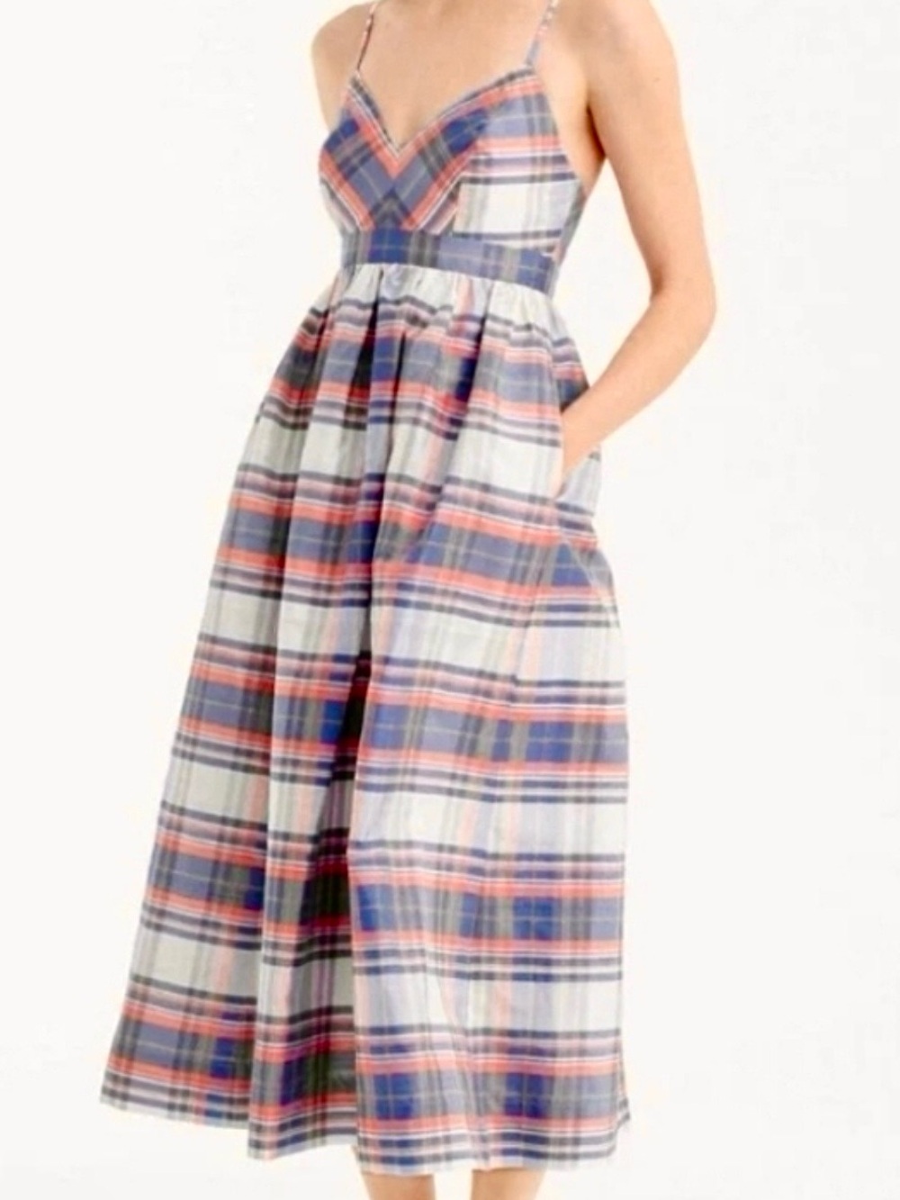 FLASH SALE Sz 2 J.Crew Spaghetti Strap Dress in Vintage Plaid Silk Shantung Midi